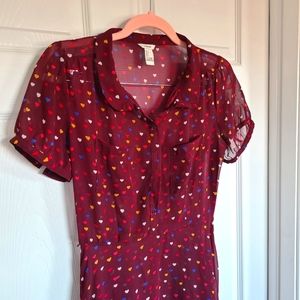 Heart print sheer dress button front